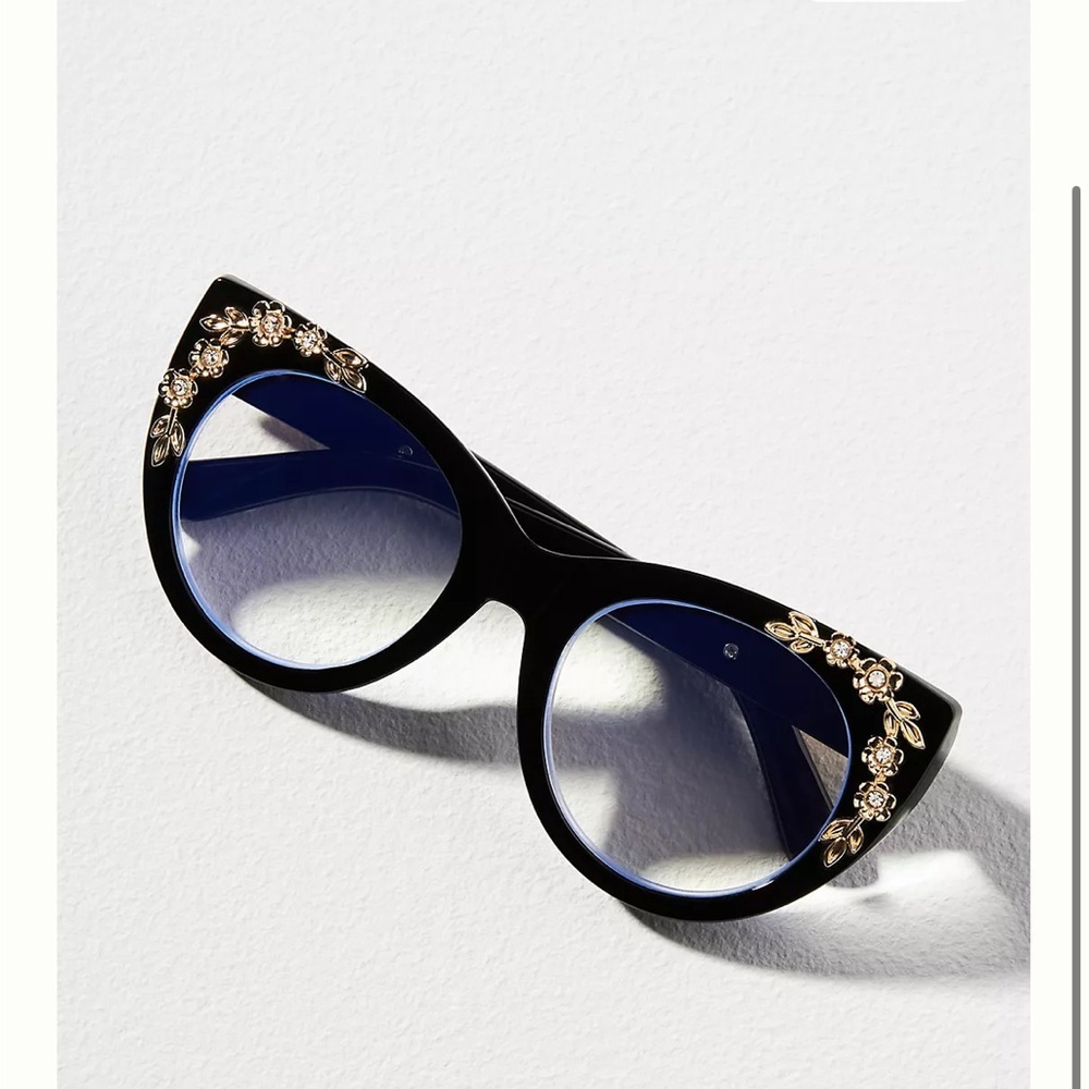 Anthropologie Black Cat-Eye Glasses with Gold Floral Accents - Picture 2 of 7
